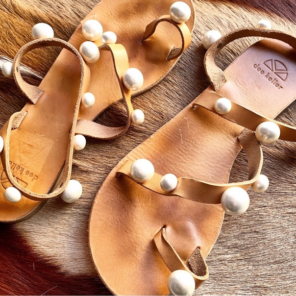 Dee Keller Shoes - DEE KELLER leather brown tan sandals with faux beaded pearls flats size 38